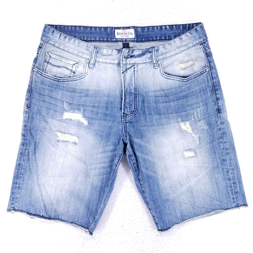 Rivet De Cru Jean Shorts Denim Cotton Mens SZ 38 Blue Straight VTG Baggy 90s Y2K